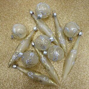 Vintage European Craftsman Christmas Gold Silver Teardrop Ornaments w/Box Glass